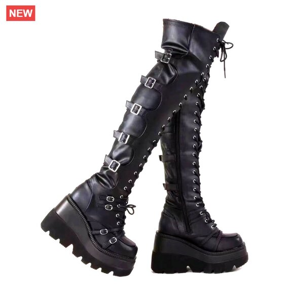 Shoes - Platform Over Knee Boots Chunky Heel Thigh High Side Zip Buckles Size 5.5-10